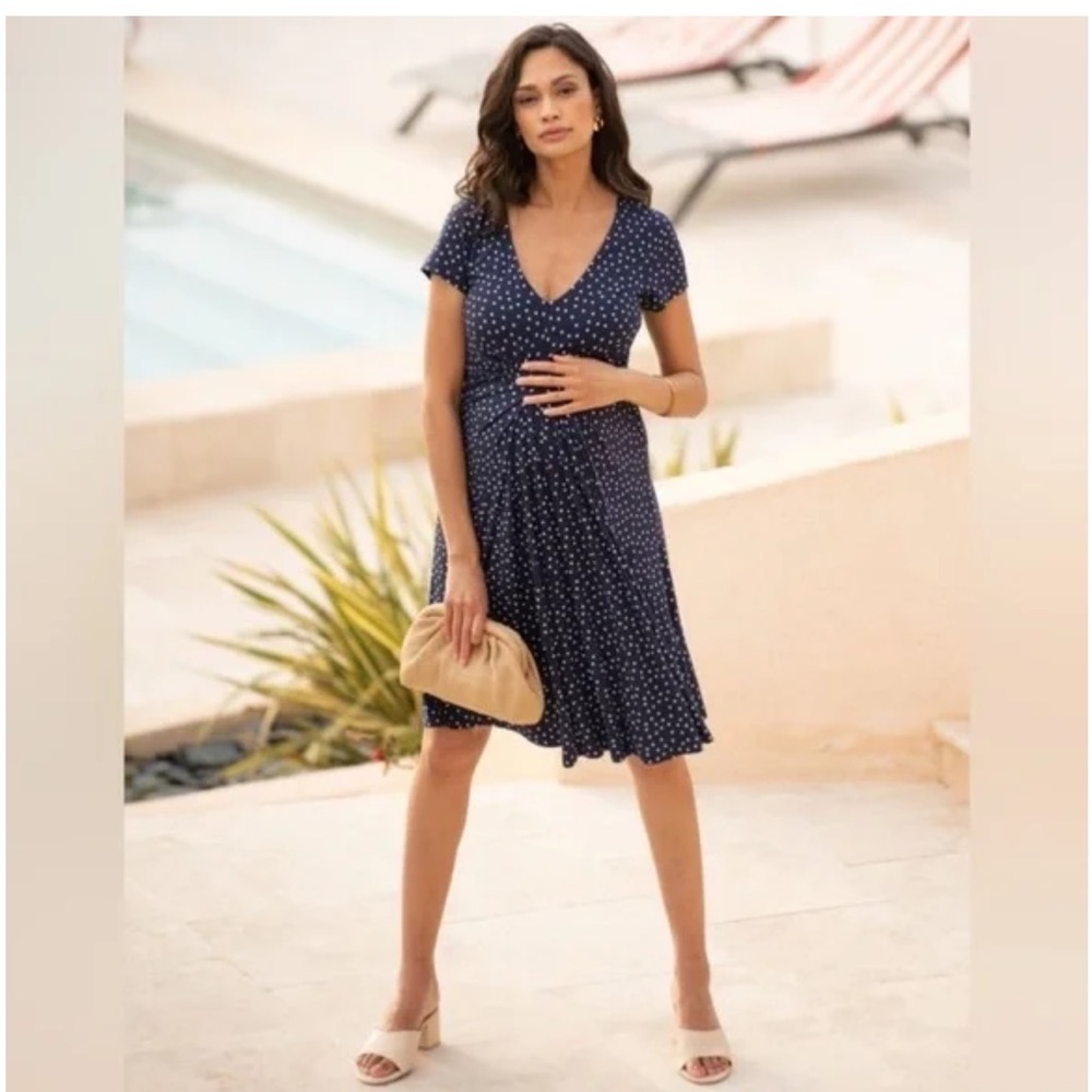 Seraphine Maternity Jersey Knit Dress Cap Sleeve Navy Blue Polka Dot